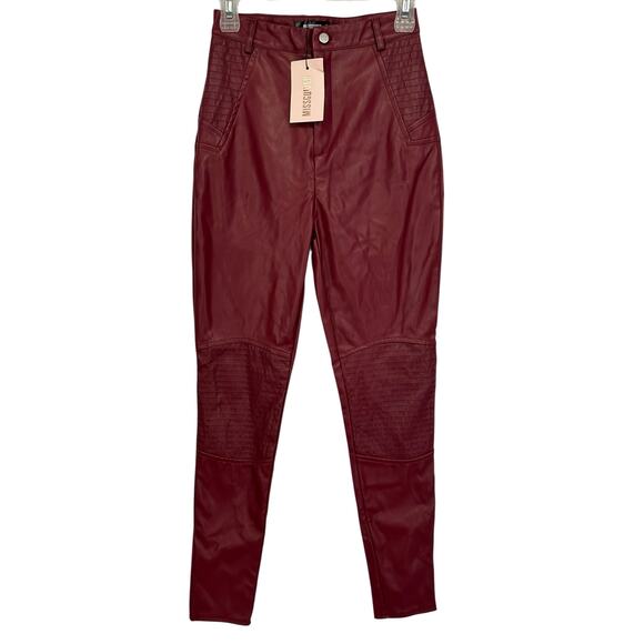 NWT Missguided Faux Leather Biker Slim Leg Trouser Burgundy Red Size 4 - Picture 2 of 9